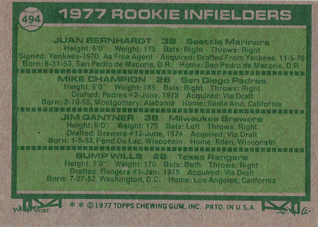 1977 Topps Juan Bernhardt / Mike Champion / Jim Gantner / Bump Wills #494 Rookie