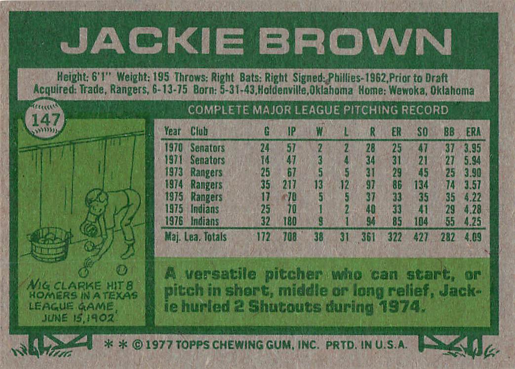 1977 Topps Baseball Jackie Brown #147