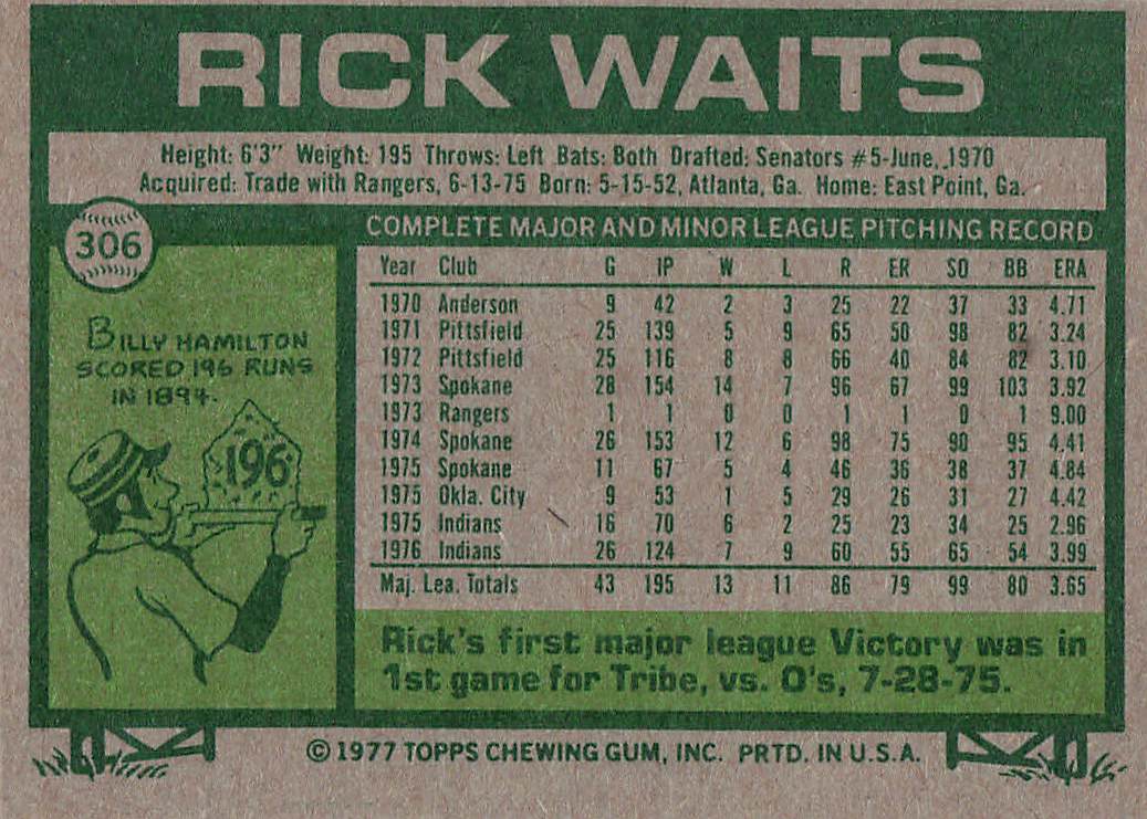 1977 Topps Baseball Rick Waits #306