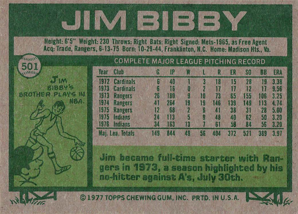 1977 Topps Baseball Jim Bibby #501