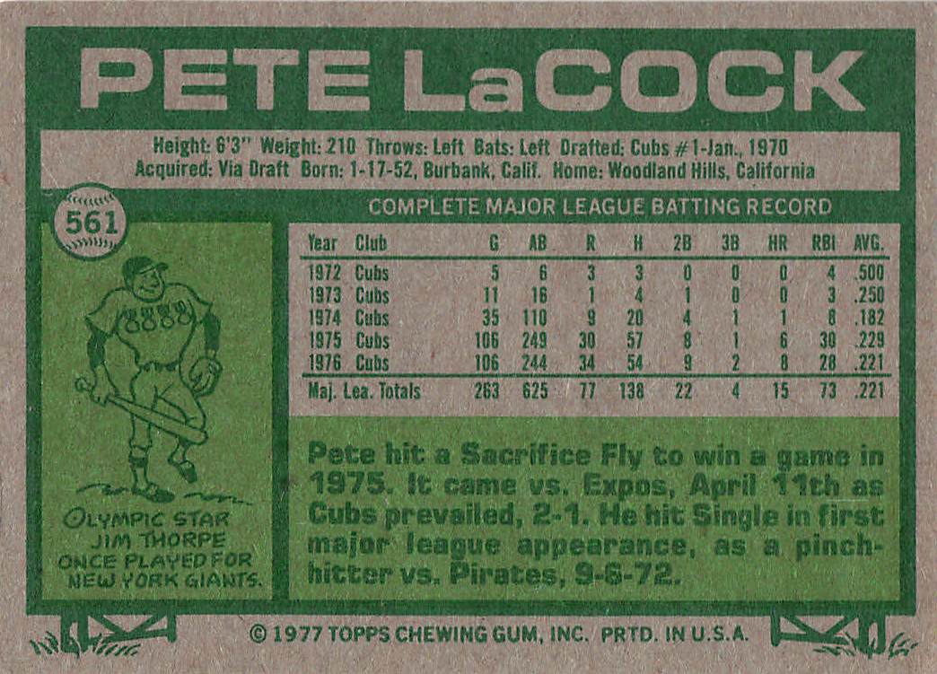 1977 Topps Baseball Pete LaCock #561