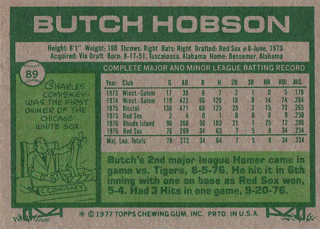 1977 Topps Baseball Butch Hobson #89 Rookie