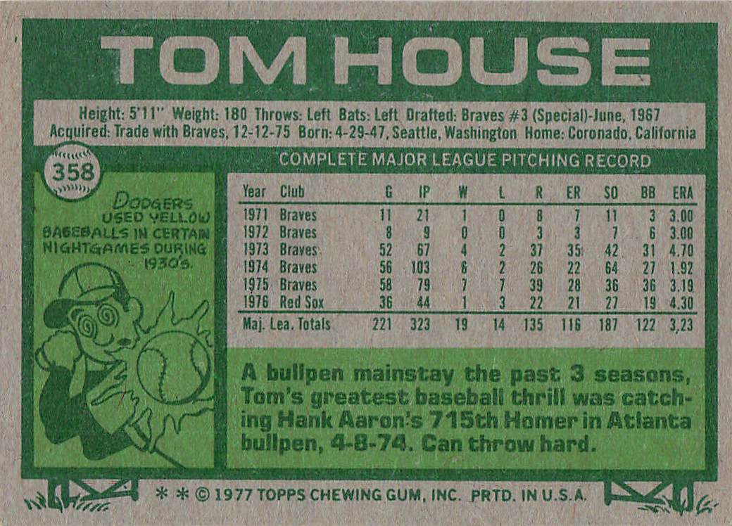 1977 Topps Baseball Tom House #358