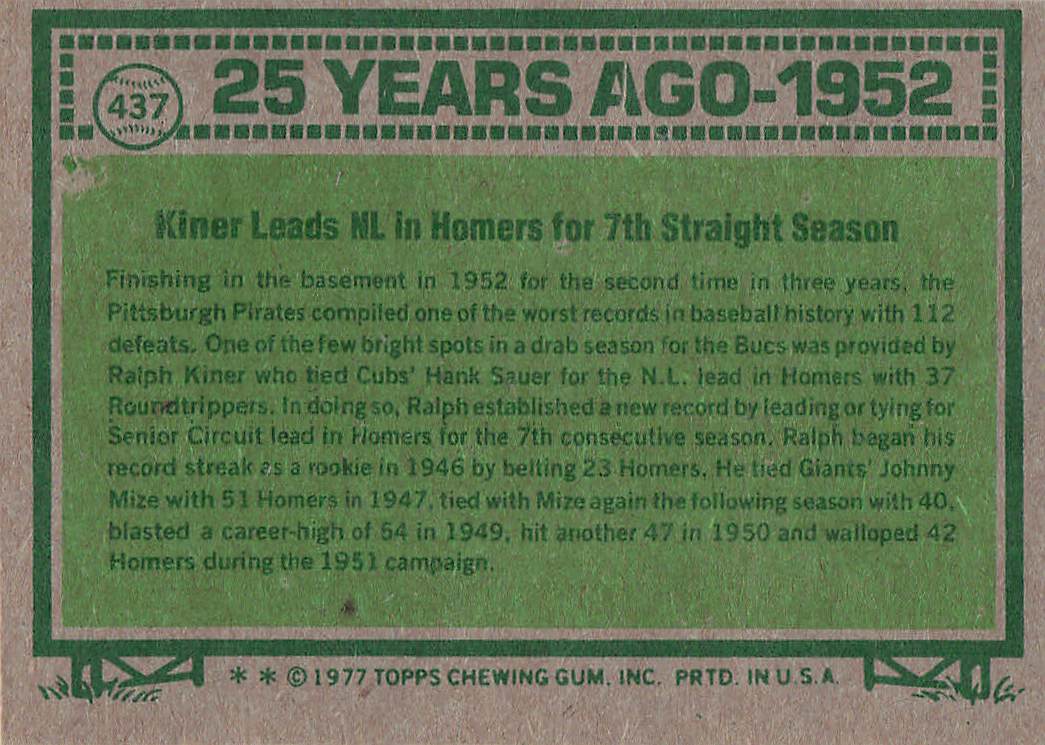 1977 Topps Baseball Ralph Kiner #437