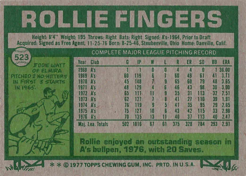 1977 Topps Baseball Rollie Fingers #523