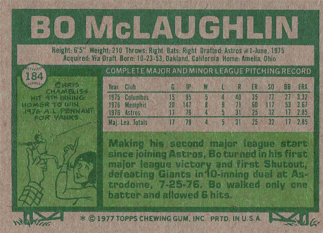 1977 Topps Baseball Bo McLaughlin #184 Rookie