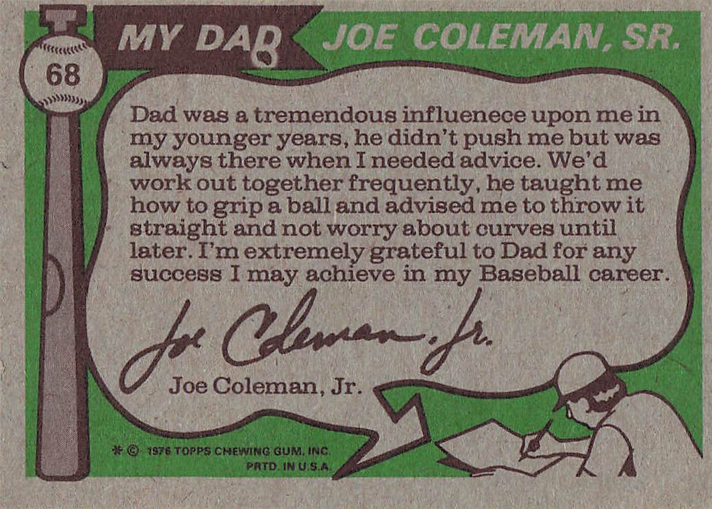1976 Topps Baseball Father & Son Joe Coleman / Joe Coleman, Jr. #68