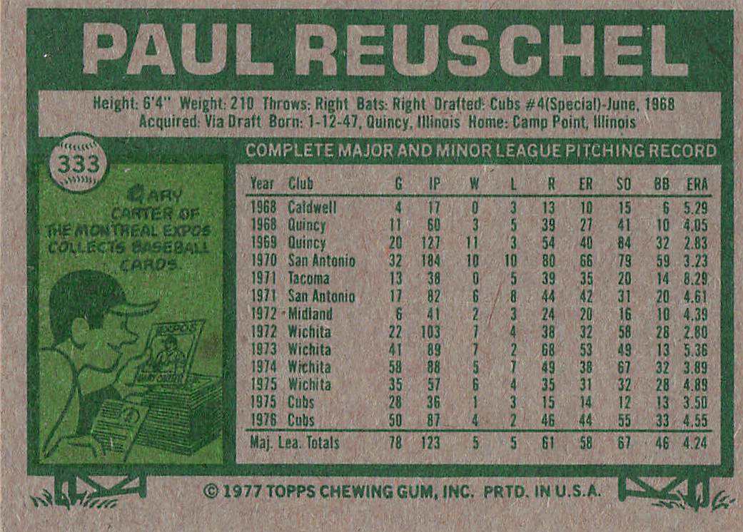1977 Topps Baseball Paul Reuschel #333 Rookie