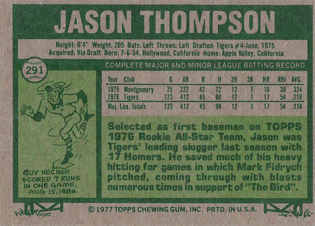 1977 Topps Baseball Jason Thompson #291 Rookie