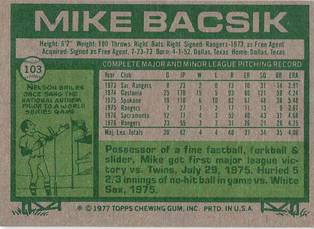 1977 Topps Baseball Mike Bacsik #103 Rookie