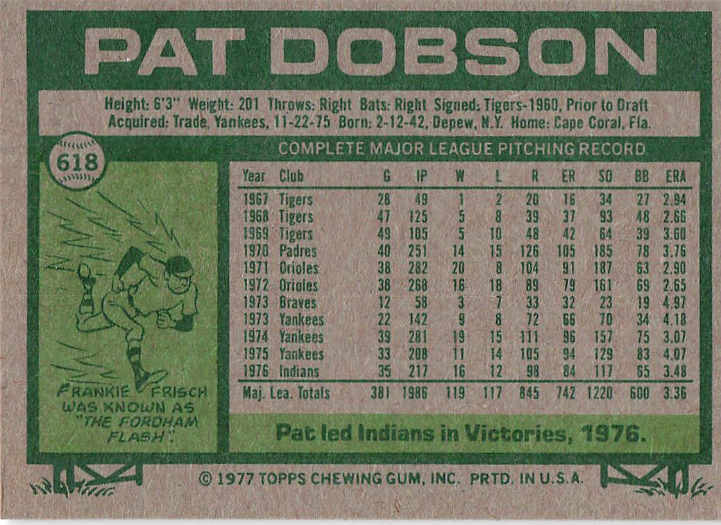 1977 Topps Baseball Pat Dobson #618