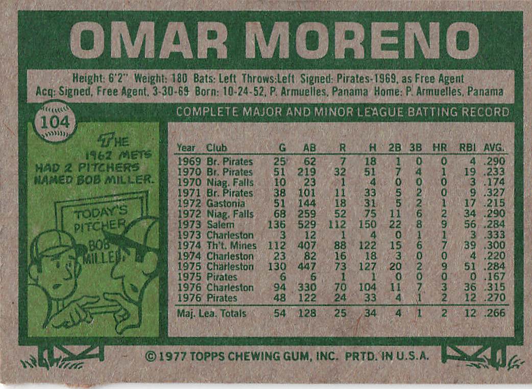 1977 Topps Baseball Omar Moreno #104 Rookie