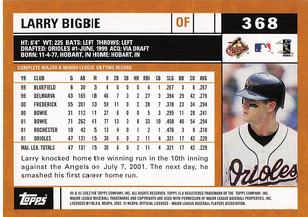 2002 Topps Baseball Larry Bigbie #368