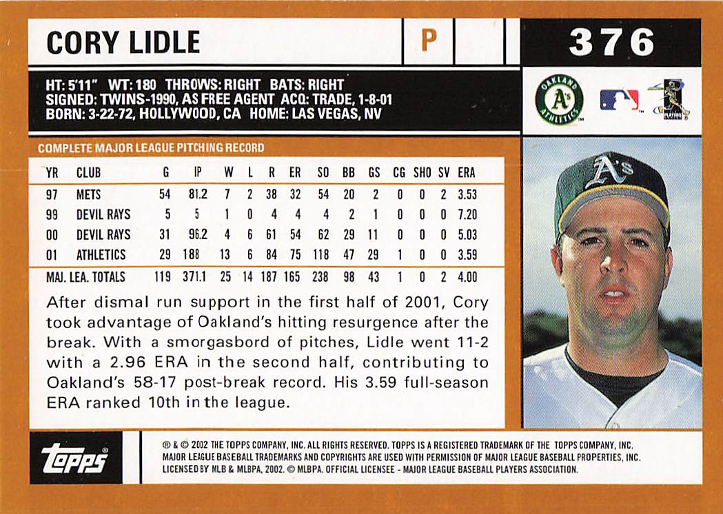2002 Topps Baseball Cory Lidle #376