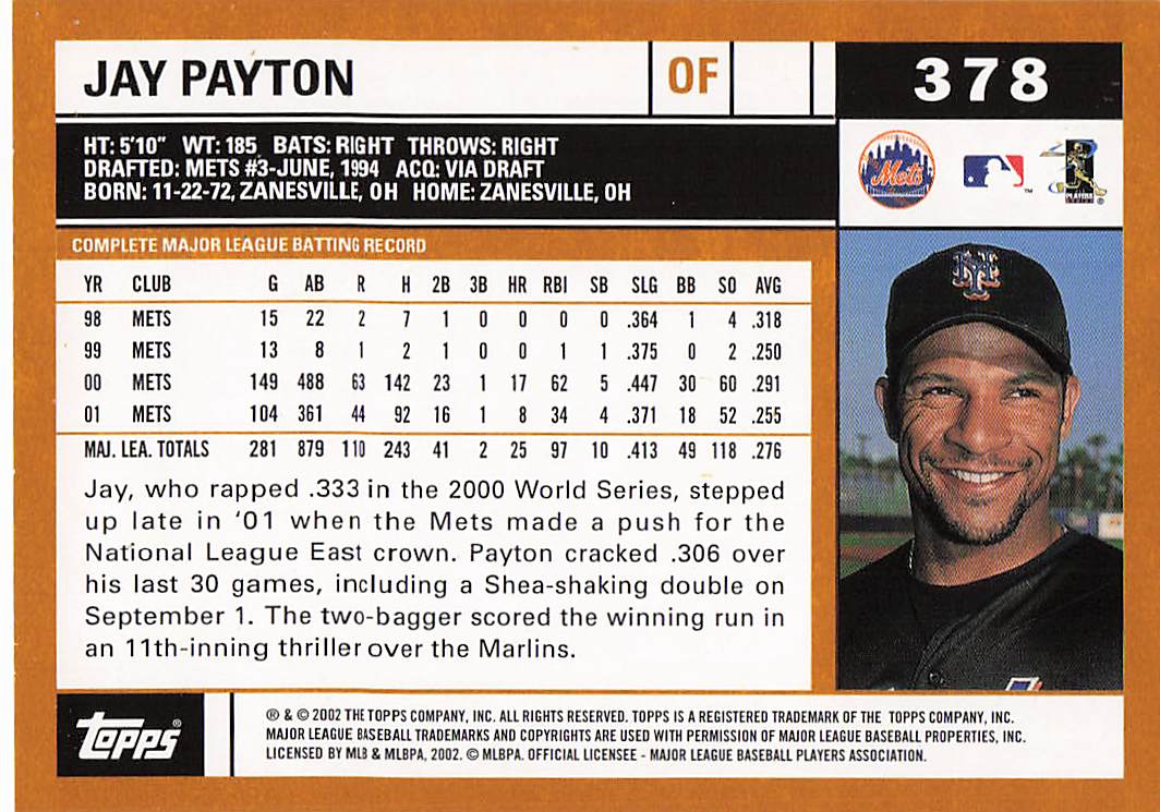 2002 Topps Baseball Jay Payton #378