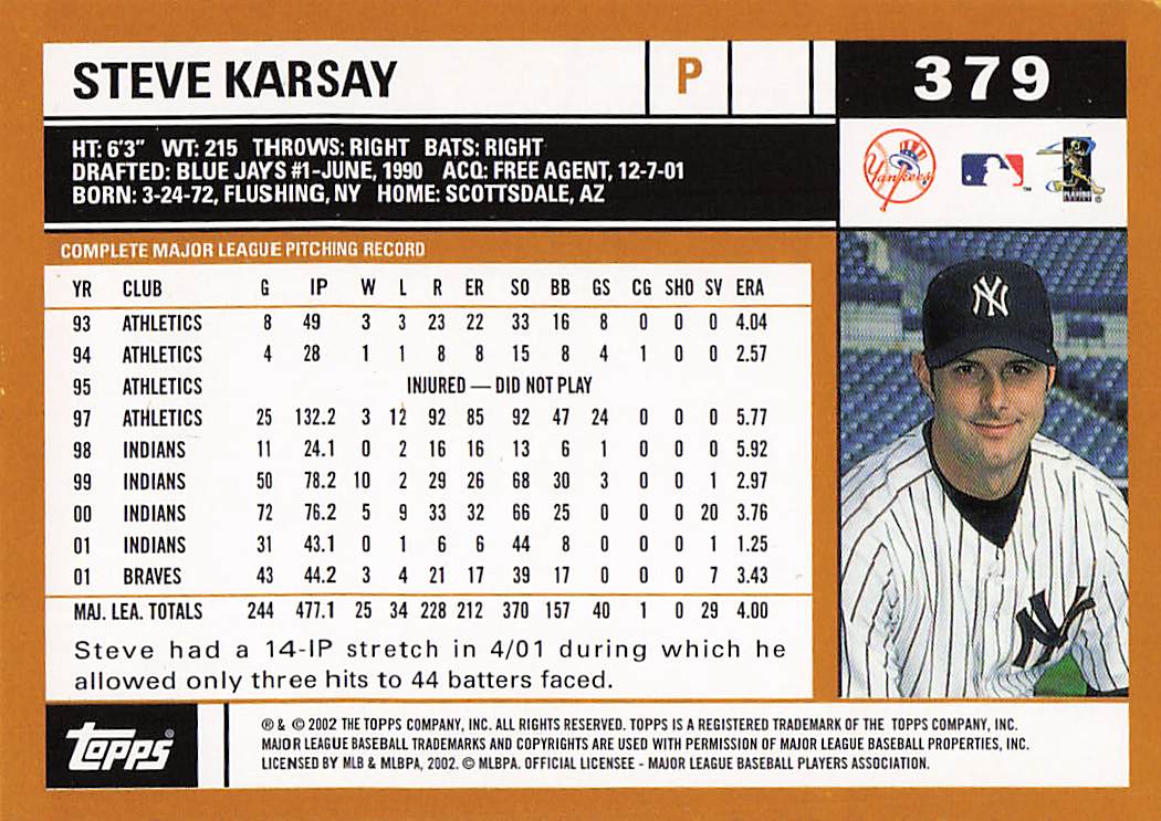 2002 Topps Baseball Steve Karsay #379