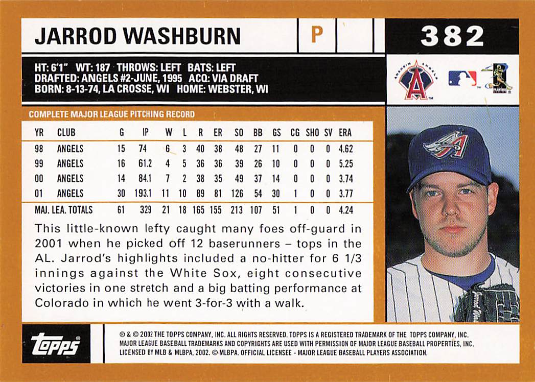 2002 Topps Baseball Jarrod Washburn #382