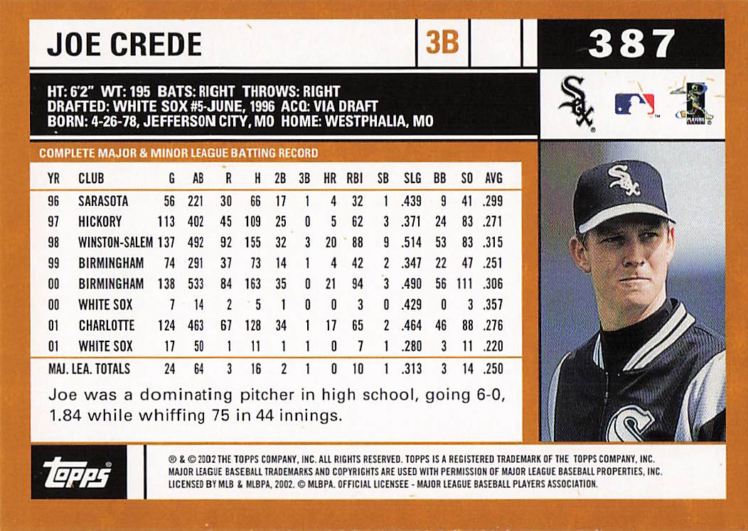 2002 Topps Baseball Joe Crede #387