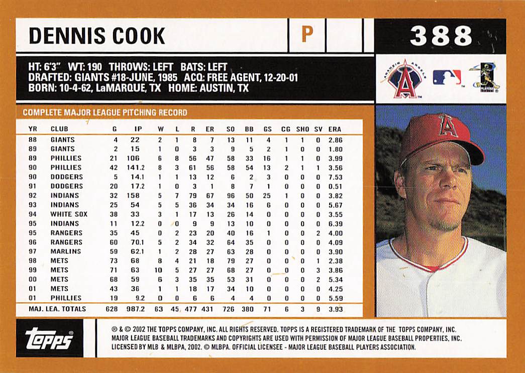 2002 Topps Baseball Dennis Cook #388