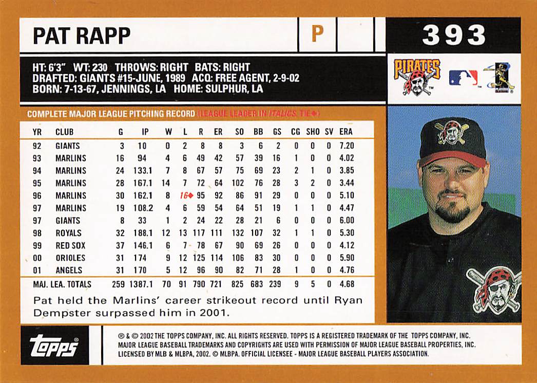 2002 Topps Baseball Pat Rapp #393