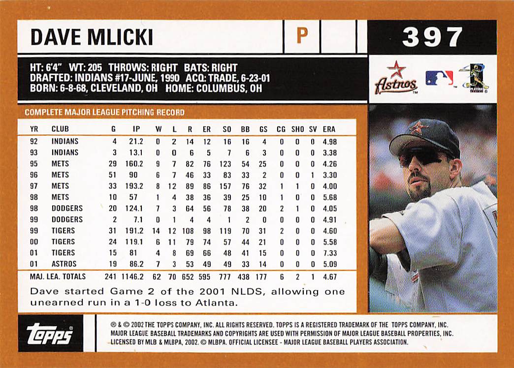 2002 Topps Baseball Dave Mlicki #397