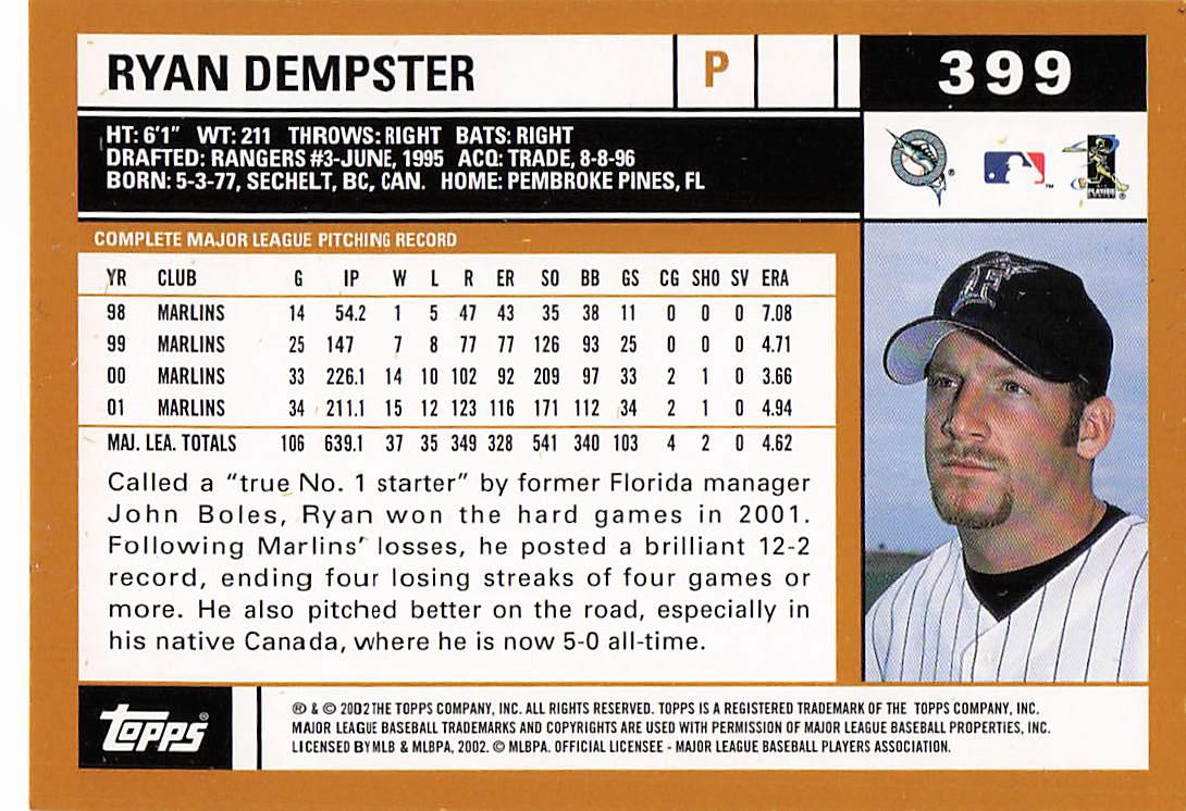 2002 Topps Baseball Ryan Dempster #399