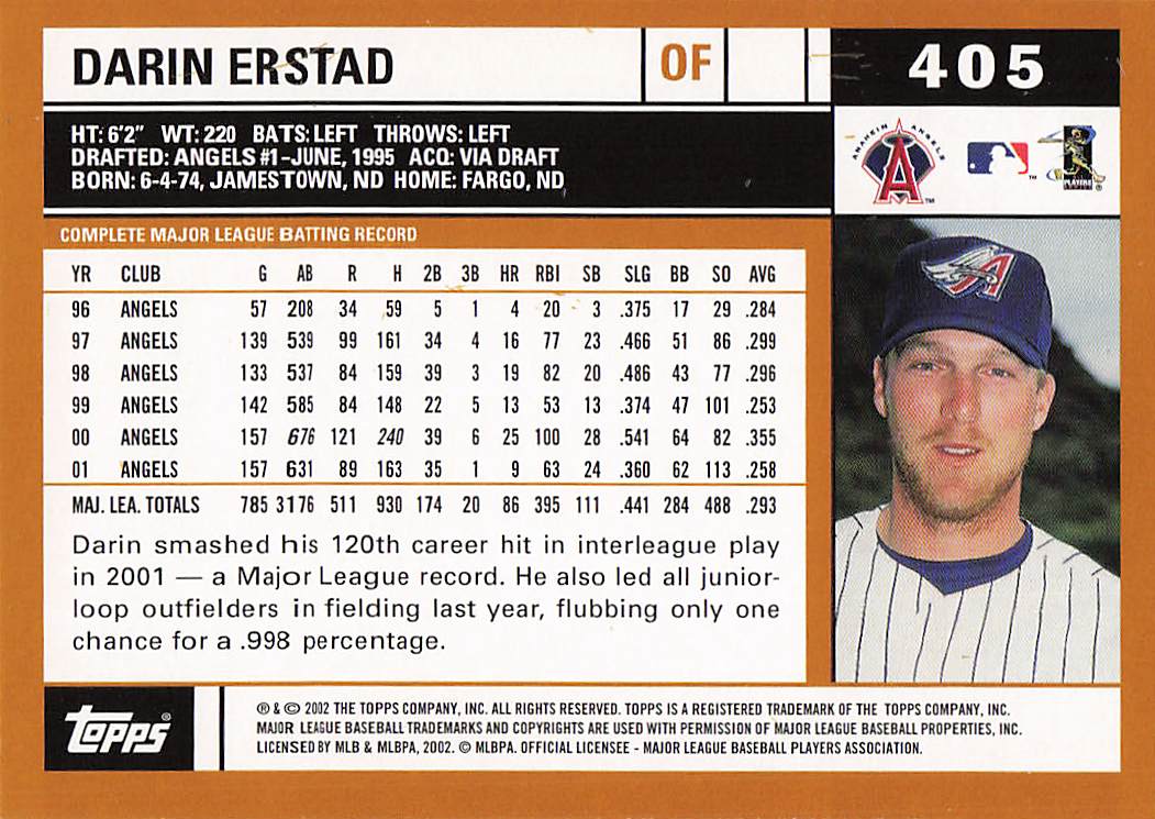 2002 Topps Baseball Darin Erstad #405
