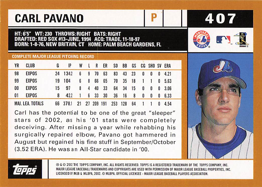 2002 Topps Baseball Carl Pavano #407