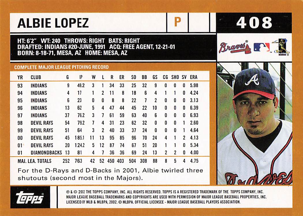 2002 Topps Baseball Albie Lopez #408