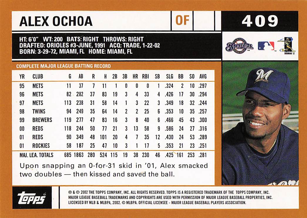 2002 Topps Baseball Alex Ochoa #409