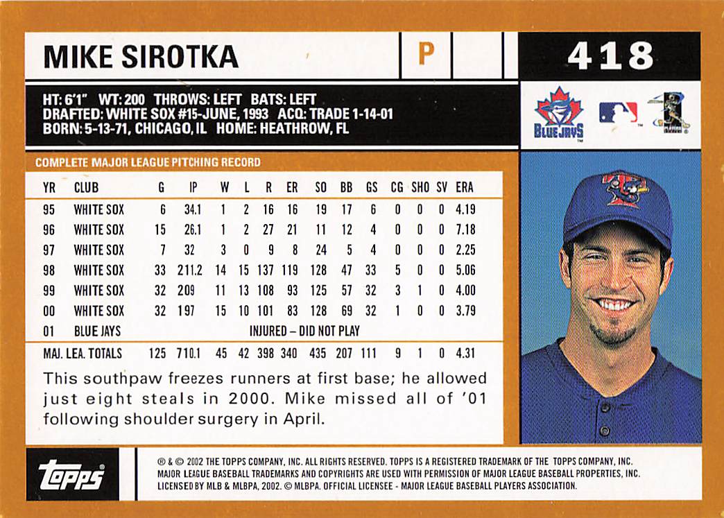 2002 Topps Baseball Mike Sirotka #418