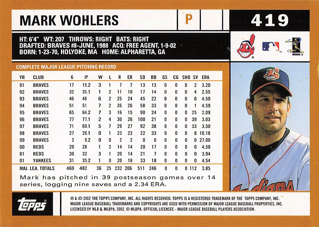 2002 Topps Baseball Mark Wohlers #419