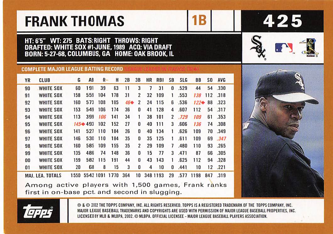 2002 Topps Baseball Frank Thomas #425