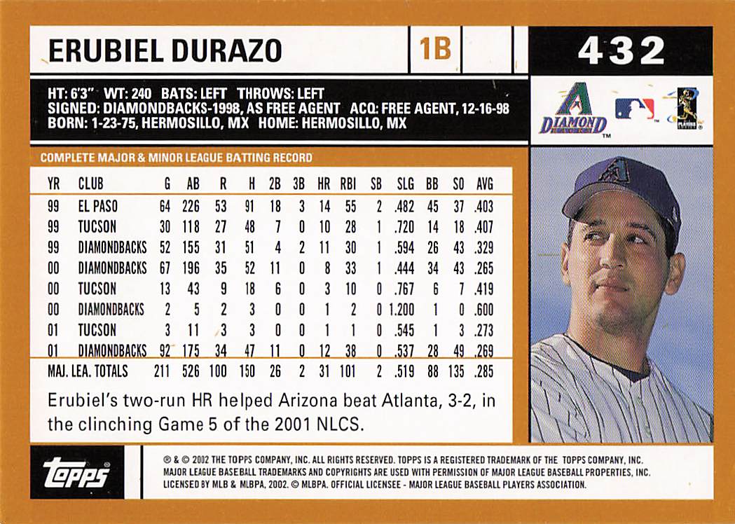 2002 Topps Baseball Erubiel Durazo #432