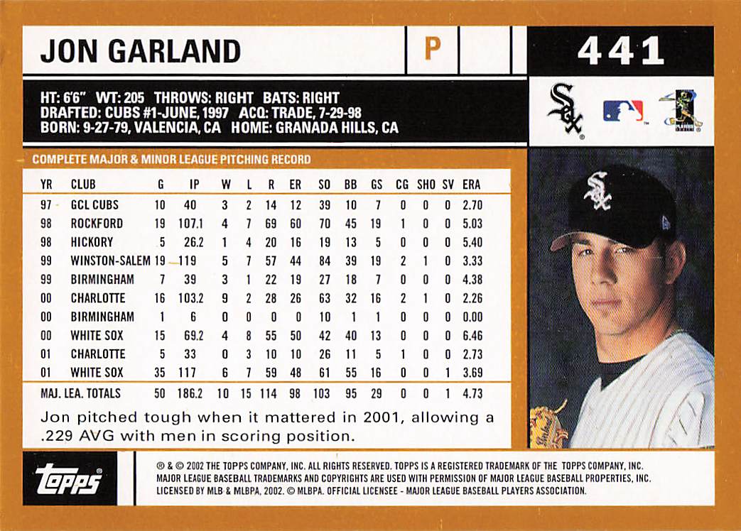 2002 Topps Baseball Jon Garland #441