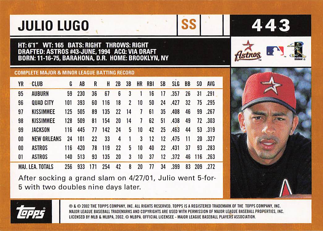 2002 Topps Baseball Julio Lugo #443