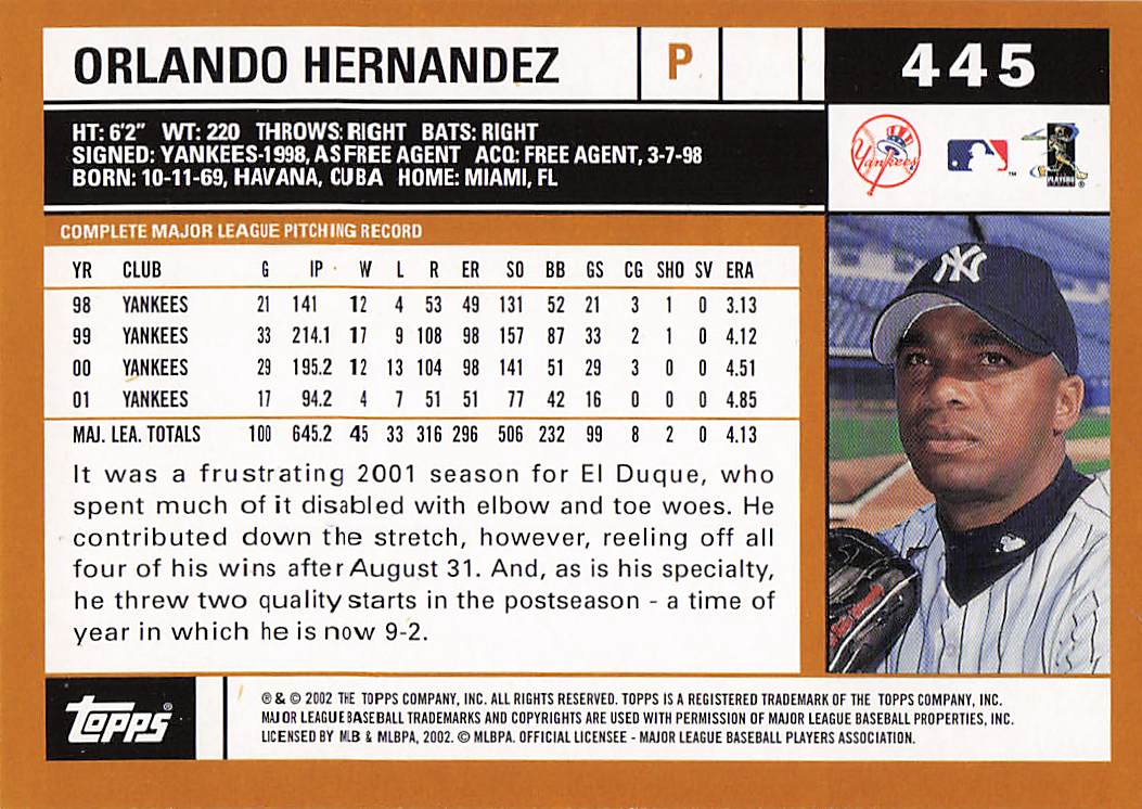 2002 Topps Baseball Orlando Hernandez #445