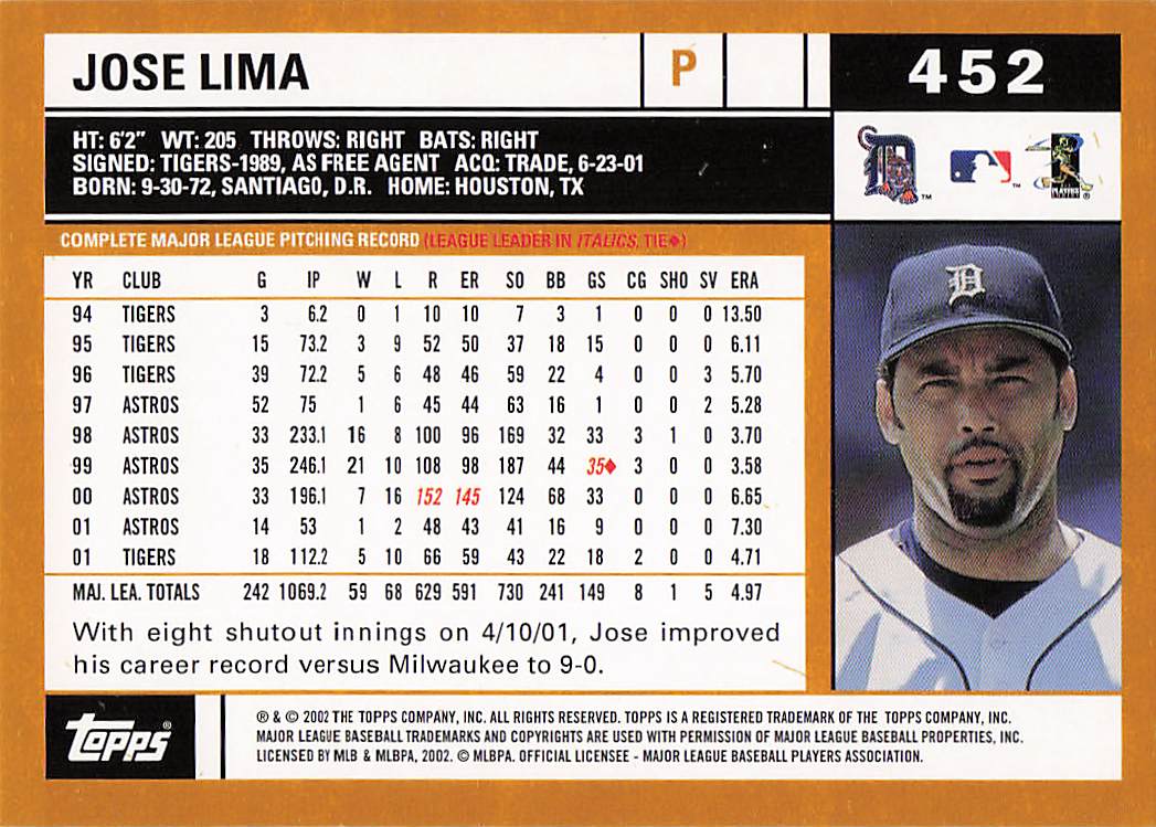 2002 Topps Baseball Jose Lima #452