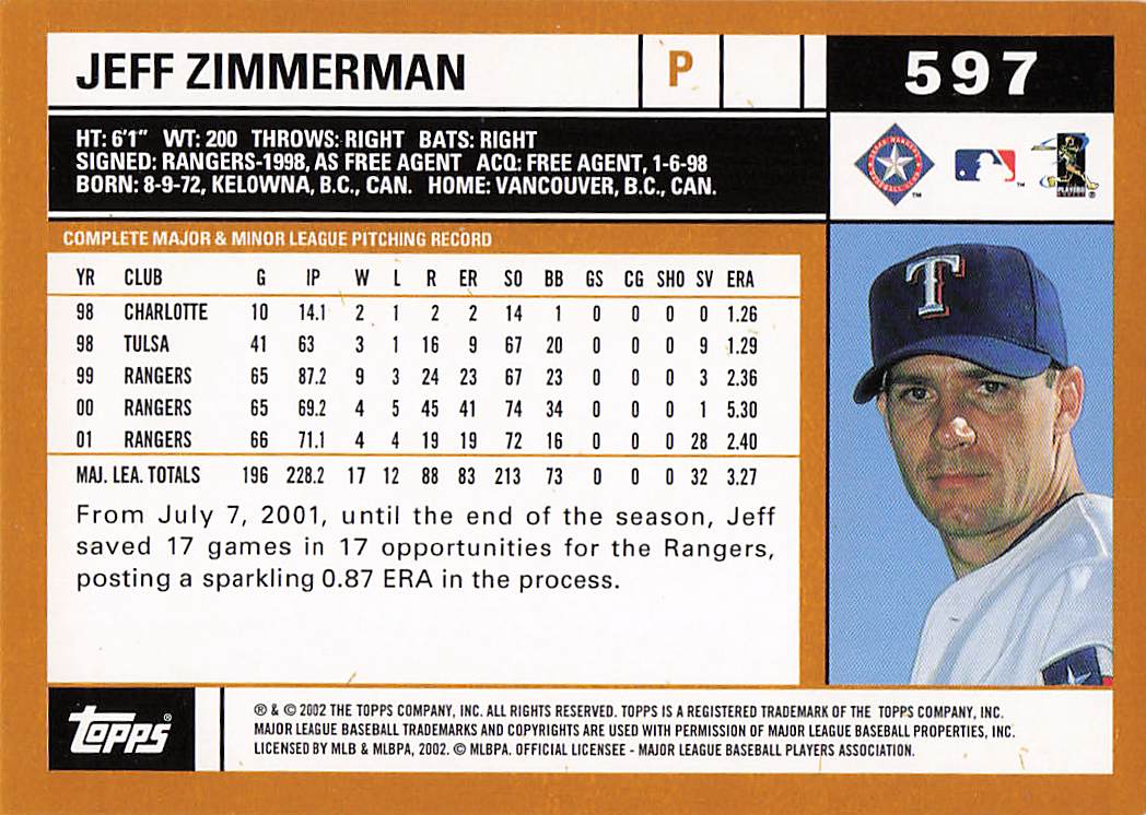 2002 Topps Baseball Jeff Zimmerman #597