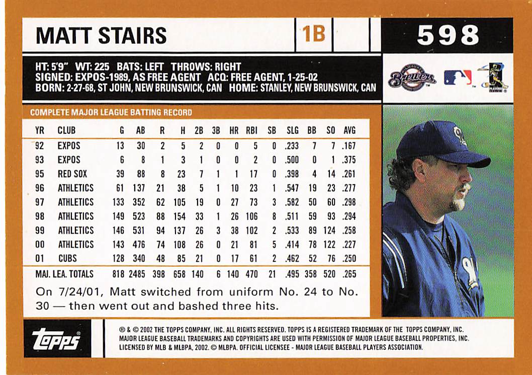 2002 Topps Baseball Matt Stairs #598