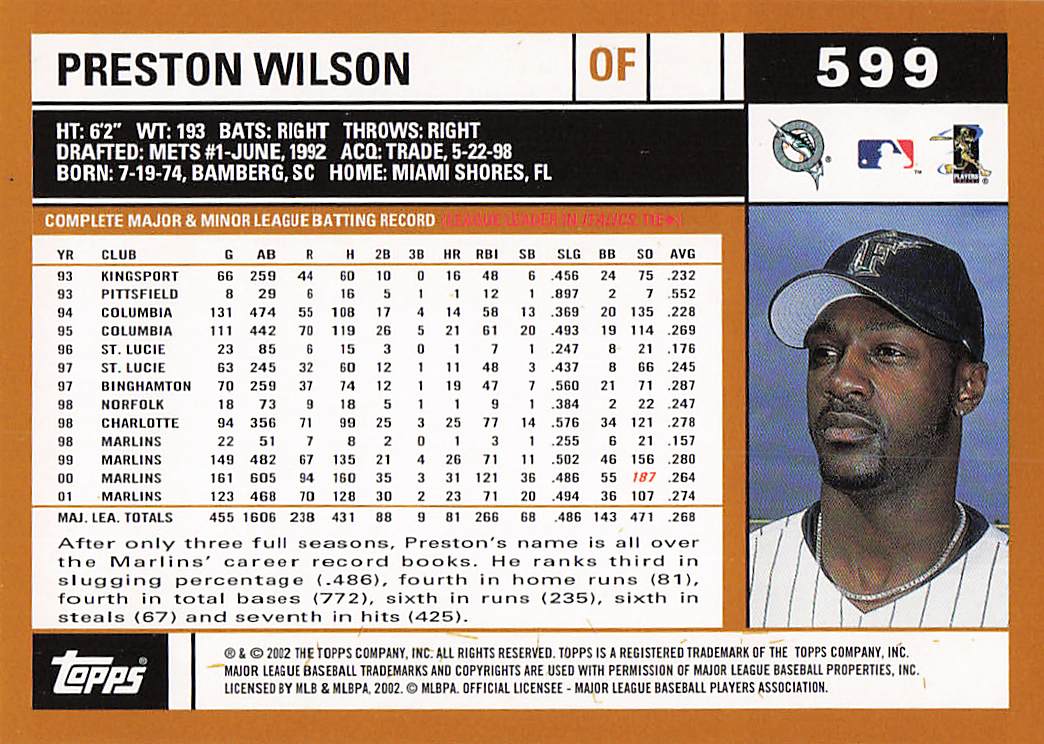 2002 Topps Baseball Preston Wilson #599