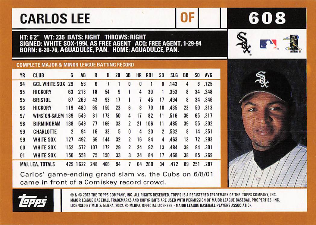 2002 Topps Baseball Carlos Lee #608