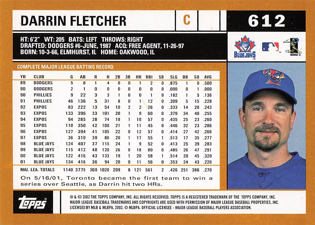 2002 Topps Baseball Darrin Fletcher #612