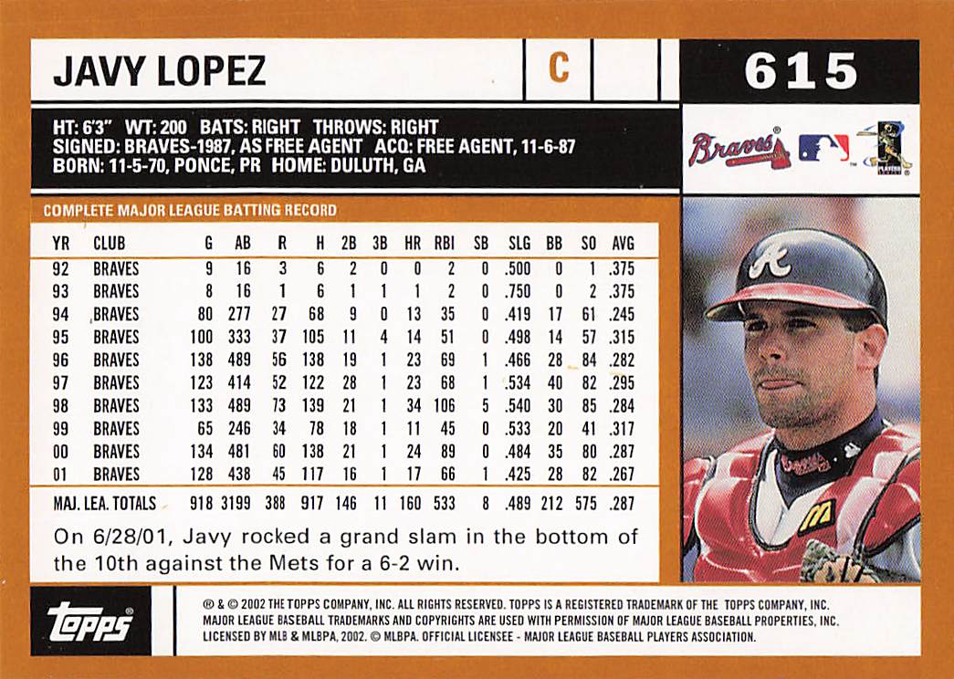2002 Topps Baseball Javier Lopez #615
