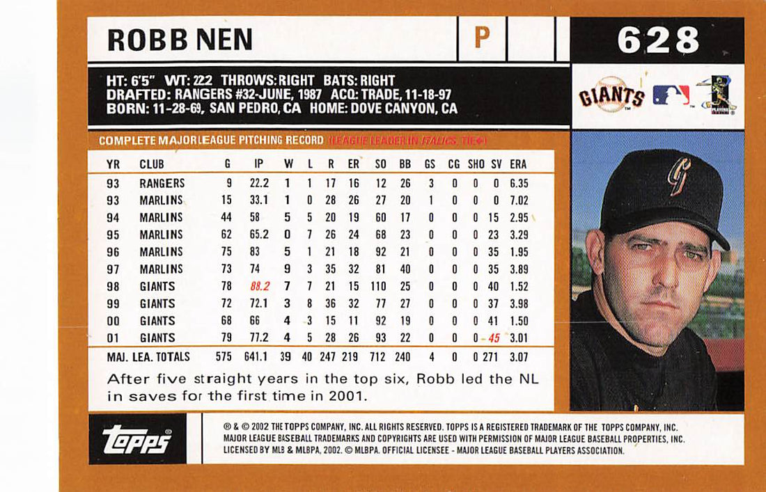 2002 Topps Baseball Robb Nen #628