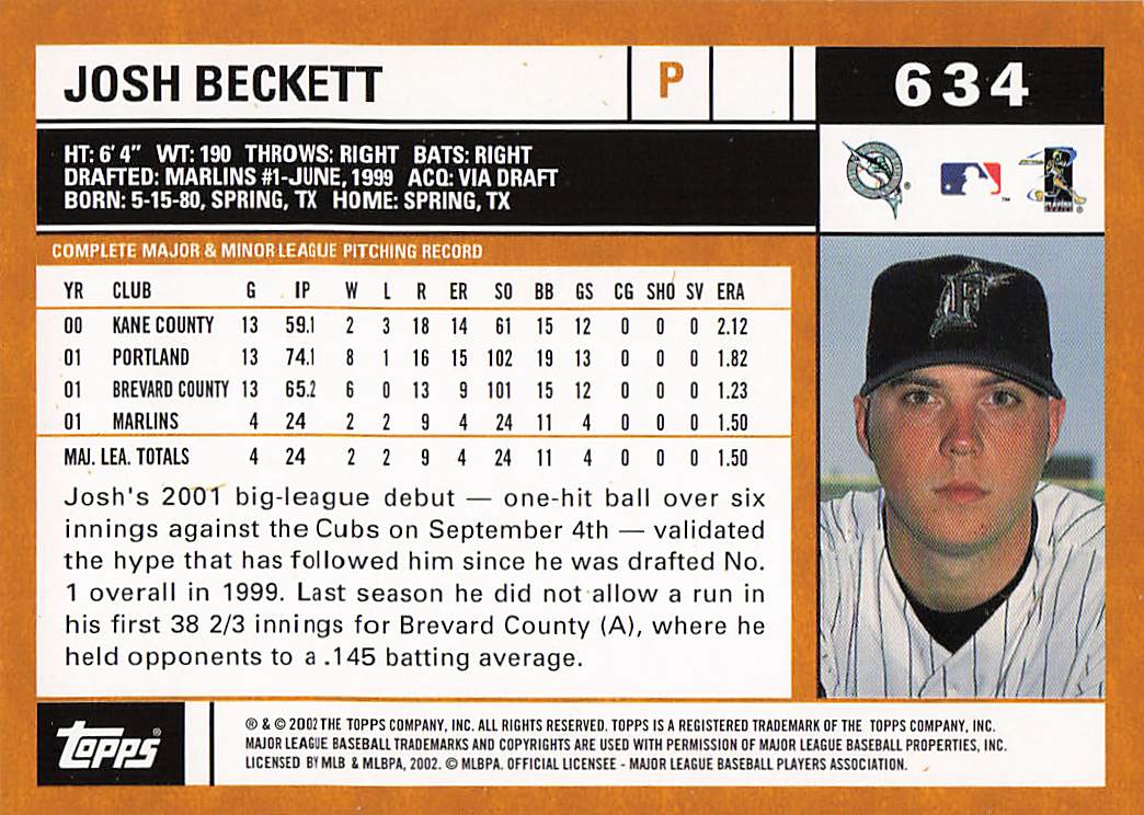 2002 Topps Baseball Josh Beckett #634