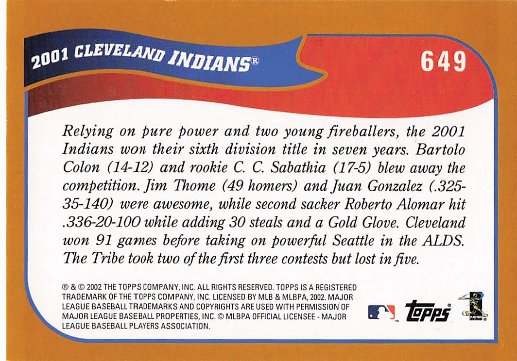 2002 Topps Baseball Cleveland Indians #649