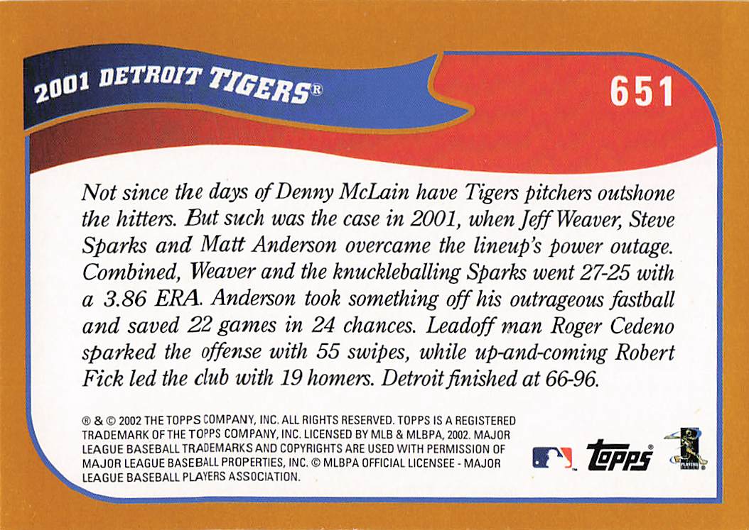 2002 Topps Baseball Detroit Tigers #651