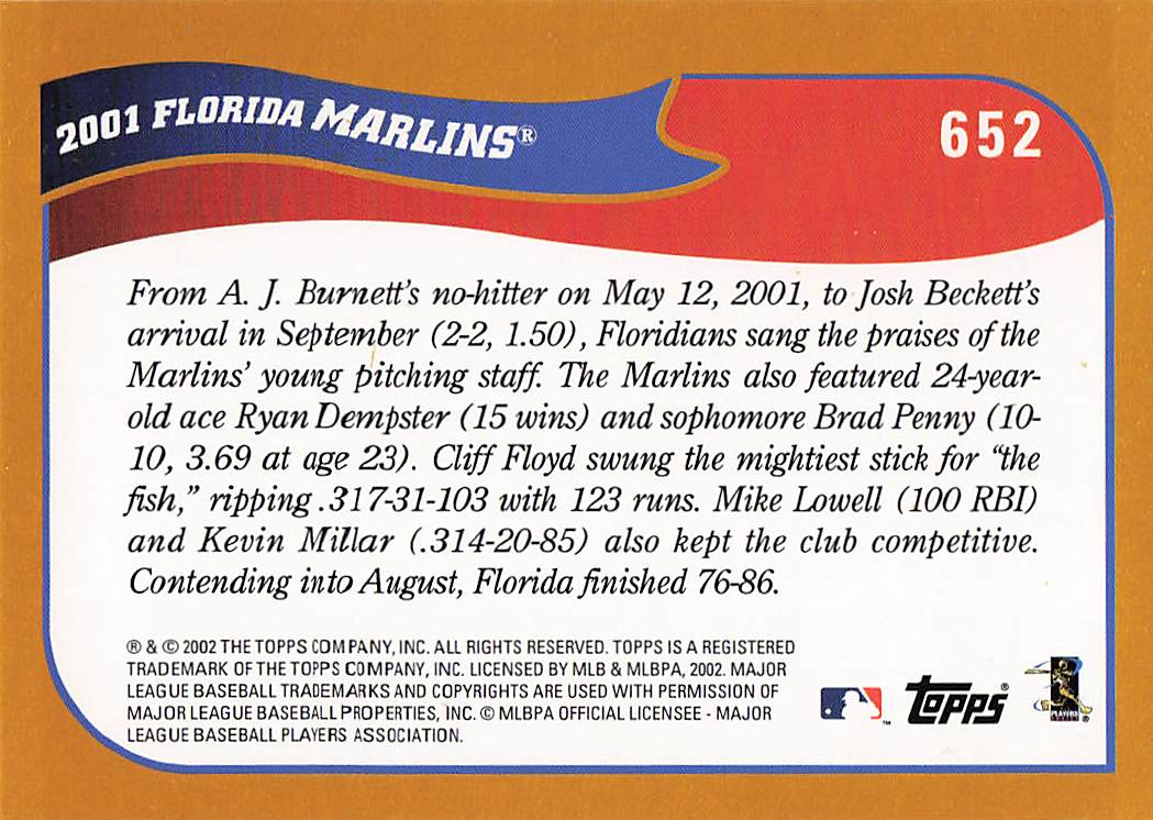 2002 Topps Baseball Florida Marlins #652