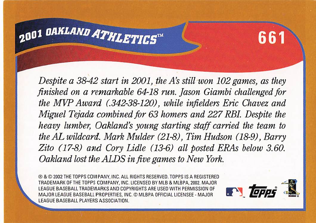 2002 Topps Baseball Oakland Athletics #661